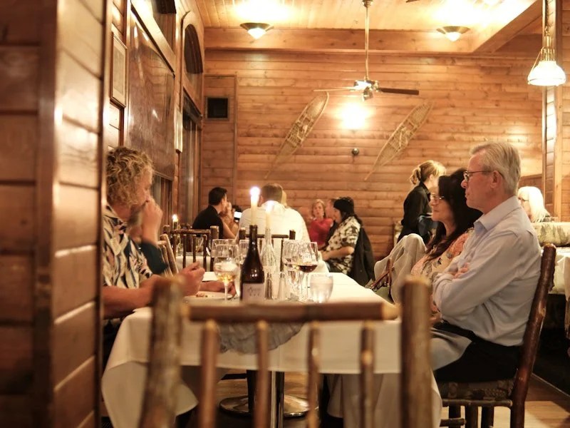 The dining room at Ducey's, looking out over Bass Lake